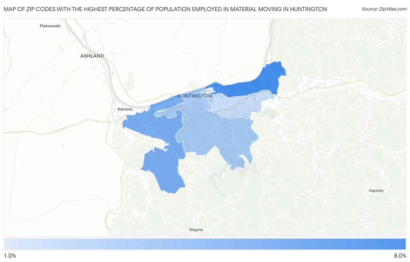 Zip Codes with the Highest Percentage of Population Employed in Material Moving in Huntington Map