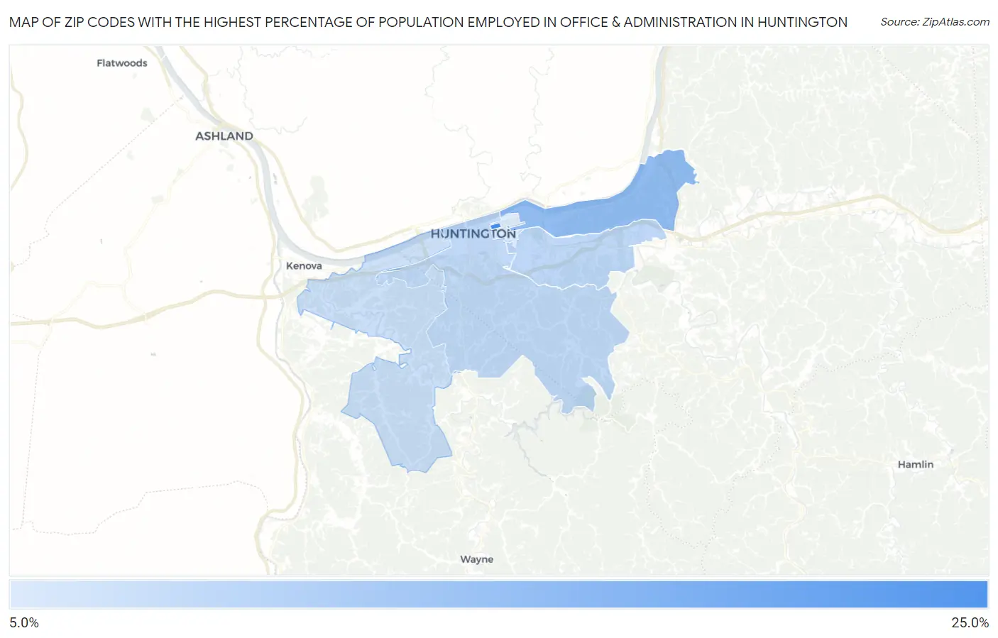 Zip Codes with the Highest Percentage of Population Employed in Office & Administration in Huntington Map
