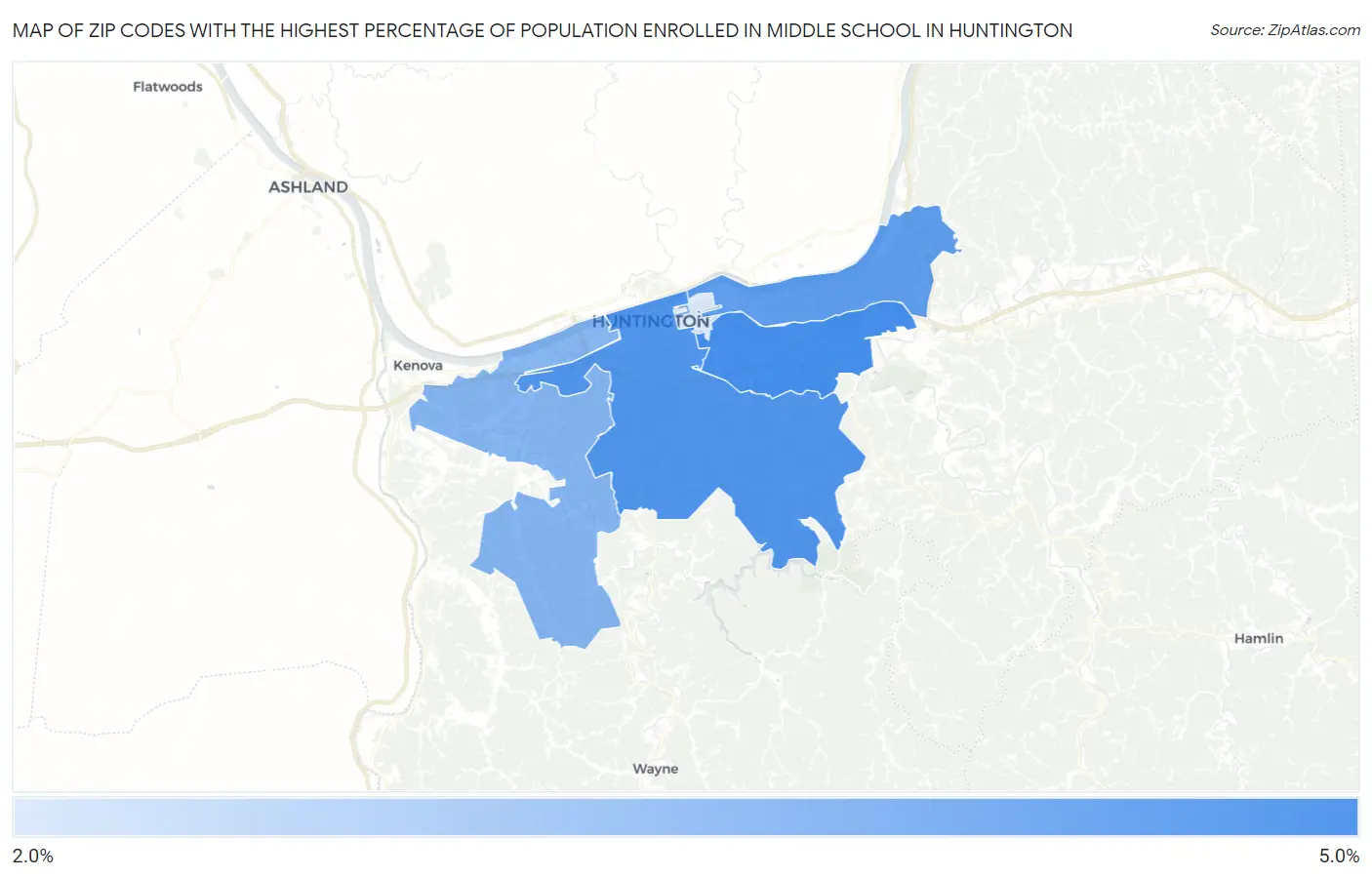 Zip Codes with the Highest Percentage of Population Enrolled in Middle School in Huntington Map