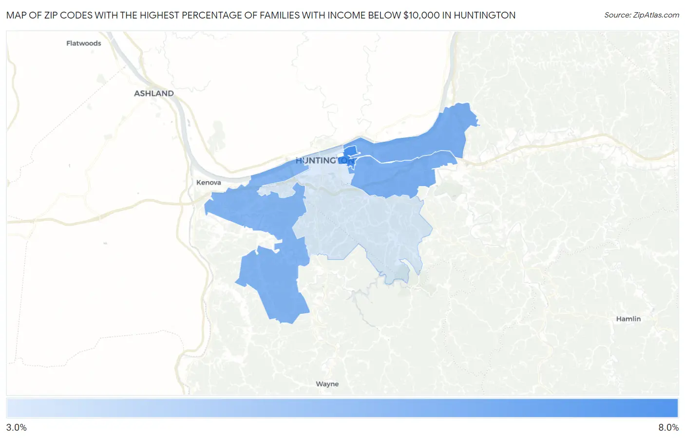 Zip Codes with the Highest Percentage of Families with Income Below $10,000 in Huntington Map