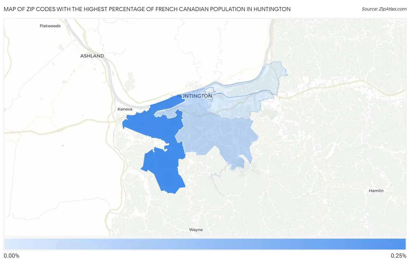 Zip Codes with the Highest Percentage of French Canadian Population in Huntington Map