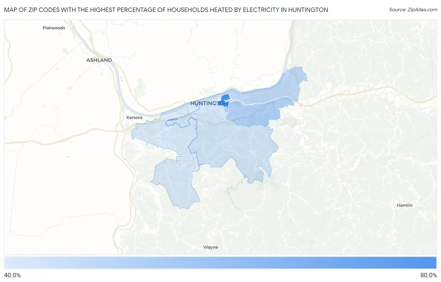 Zip Codes with the Highest Percentage of Households Heated by Electricity in Huntington Map