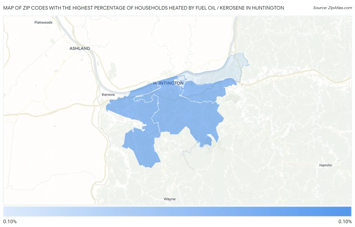 Zip Codes with the Highest Percentage of Households Heated by Fuel Oil / Kerosene in Huntington Map