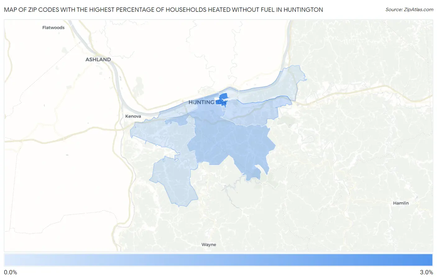 Zip Codes with the Highest Percentage of Households Heated without Fuel in Huntington Map