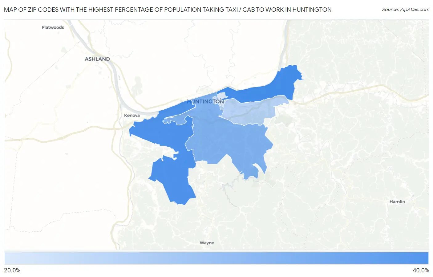 Zip Codes with the Highest Percentage of Population Taking Taxi / Cab to Work in Huntington Map