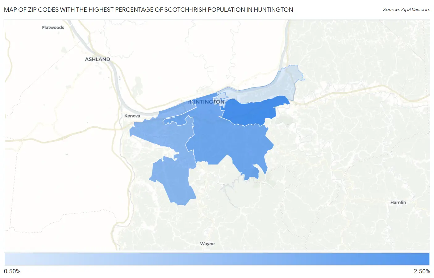 Zip Codes with the Highest Percentage of Scotch-Irish Population in Huntington Map