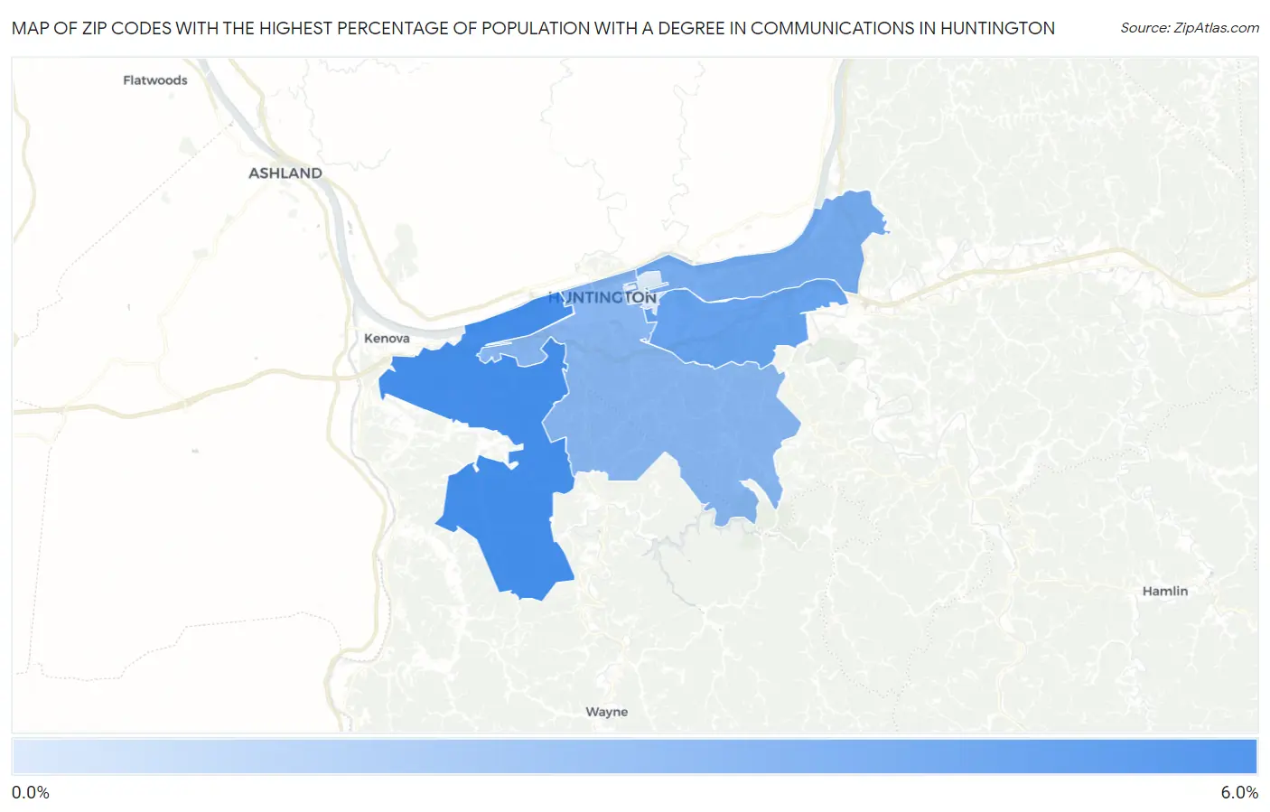 Zip Codes with the Highest Percentage of Population with a Degree in Communications in Huntington Map