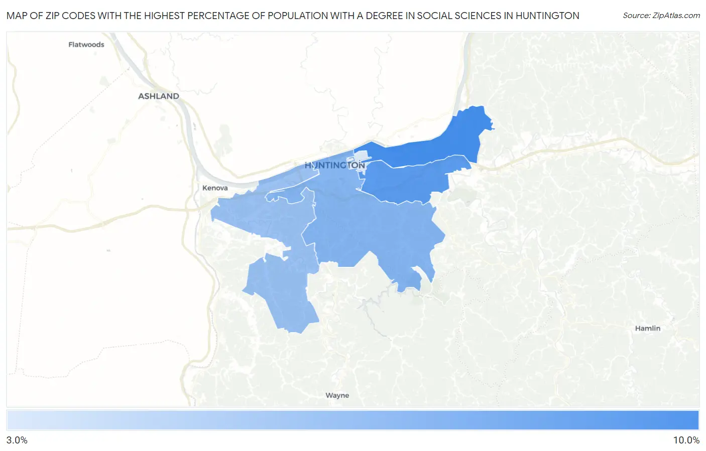 Zip Codes with the Highest Percentage of Population with a Degree in Social Sciences in Huntington Map