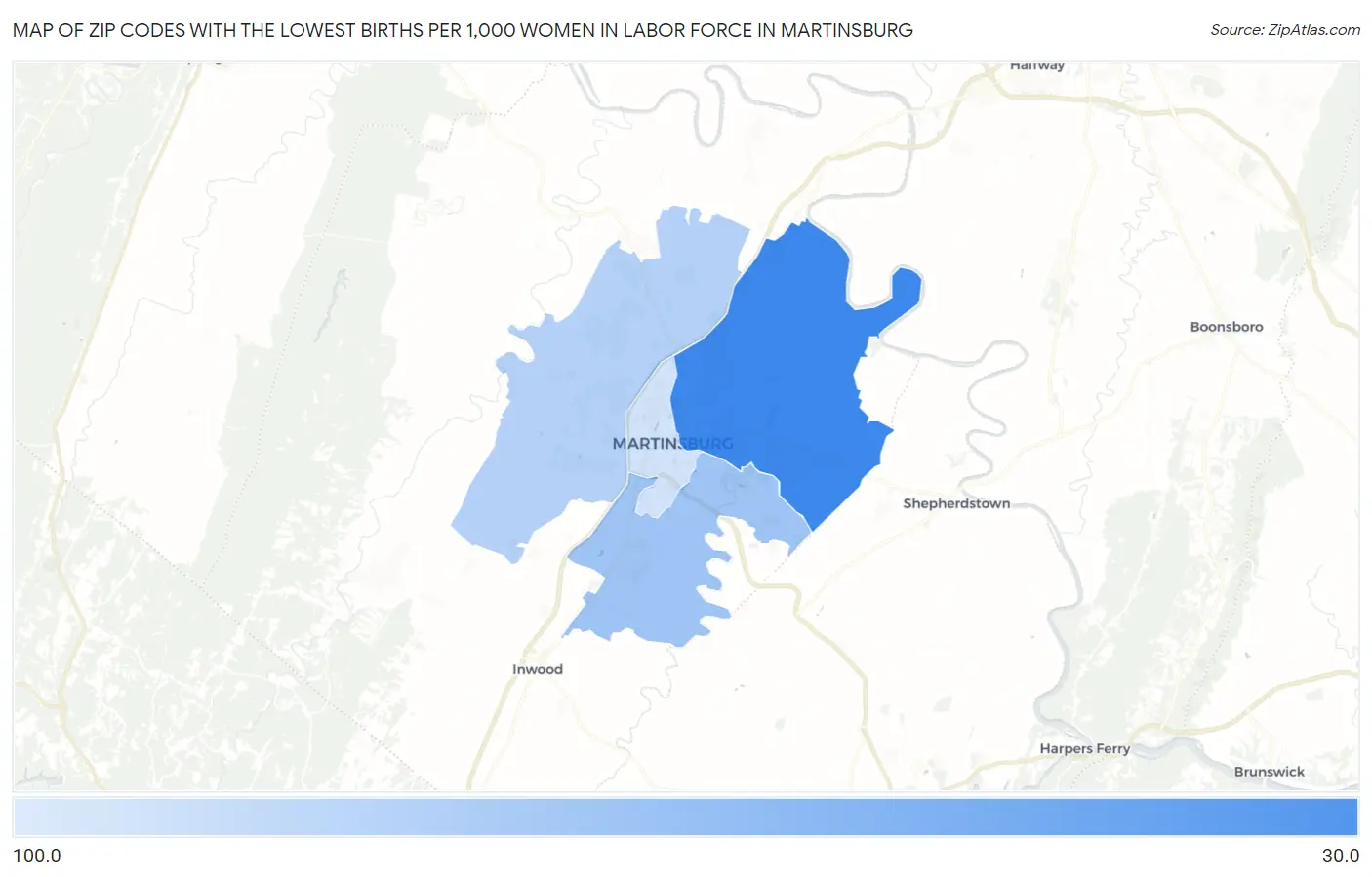 Zip Codes with the Lowest Births per 1,000 Women in Labor Force in Martinsburg Map