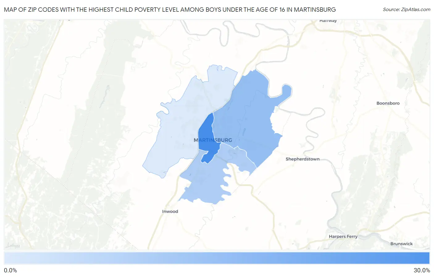 Zip Codes with the Highest Child Poverty Level Among Boys Under the Age of 16 in Martinsburg Map