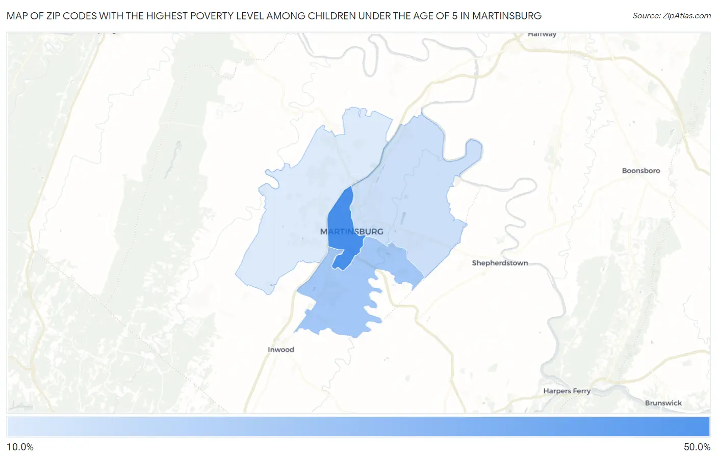 Zip Codes with the Highest Poverty Level Among Children Under the Age of 5 in Martinsburg Map