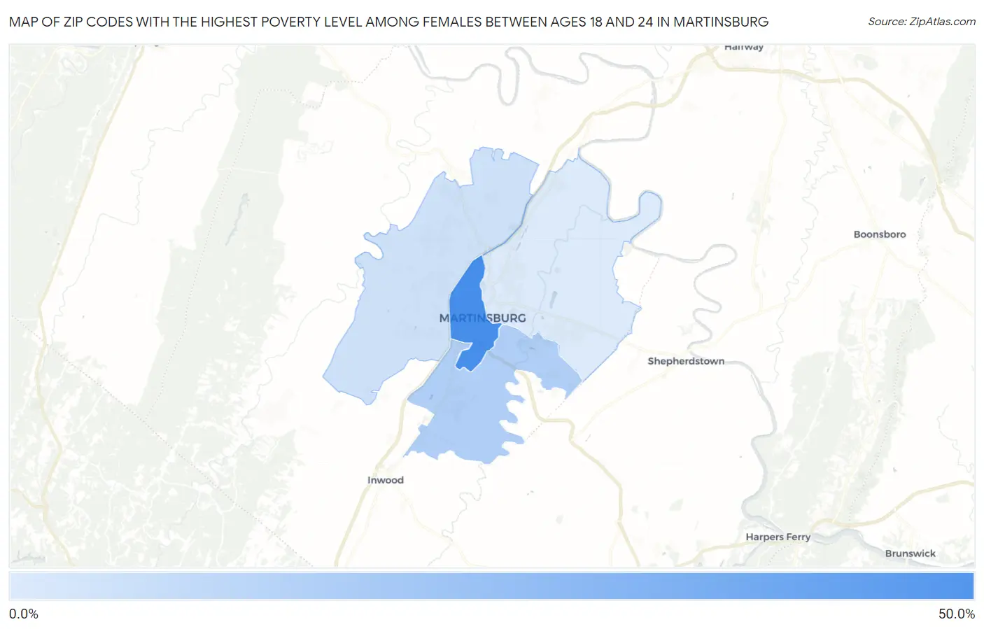 Zip Codes with the Highest Poverty Level Among Females Between Ages 18 and 24 in Martinsburg Map