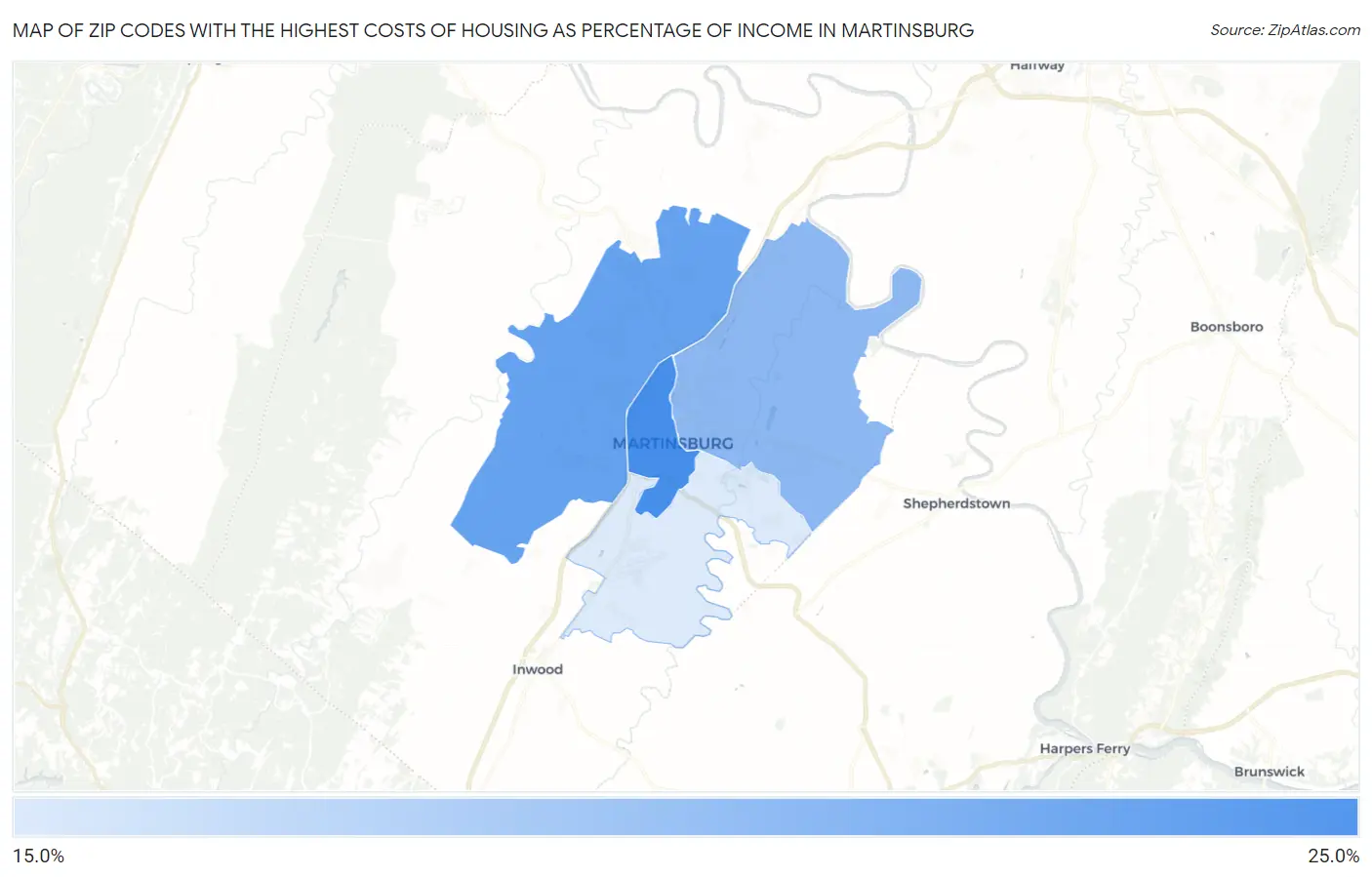 Zip Codes with the Highest Costs of Housing as Percentage of Income in Martinsburg Map