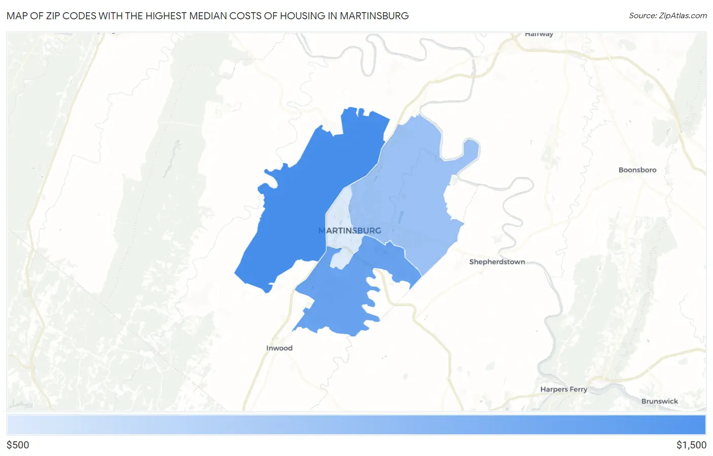Zip Codes with the Highest Median Costs of Housing in Martinsburg Map