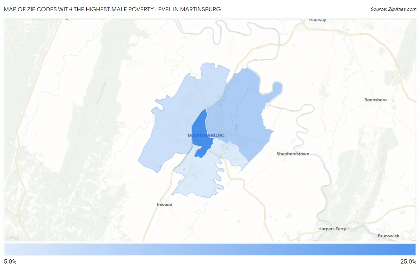 Zip Codes with the Highest Male Poverty Level in Martinsburg Map