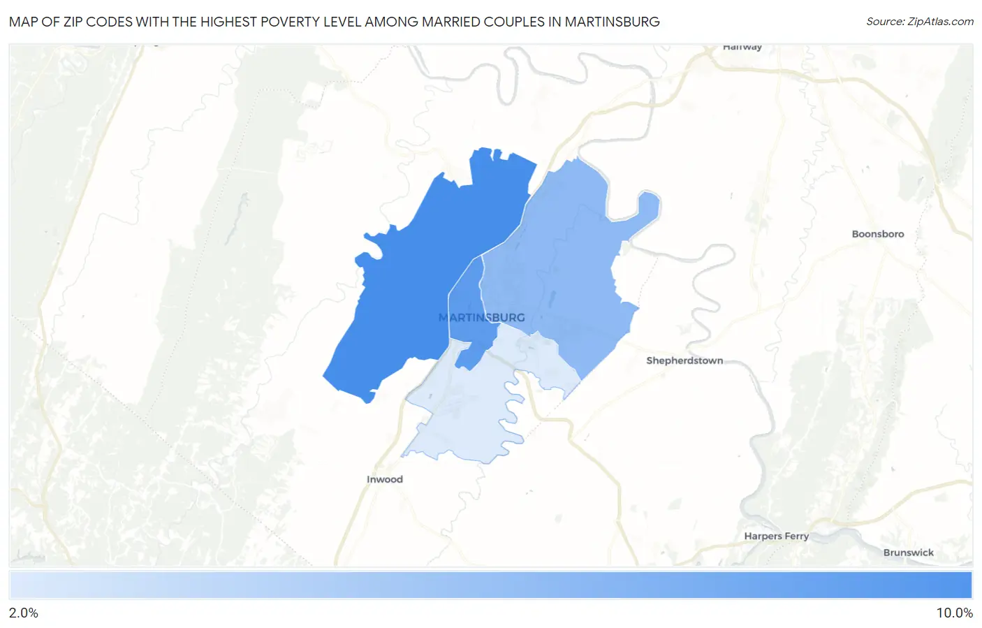 Zip Codes with the Highest Poverty Level Among Married Couples in Martinsburg Map