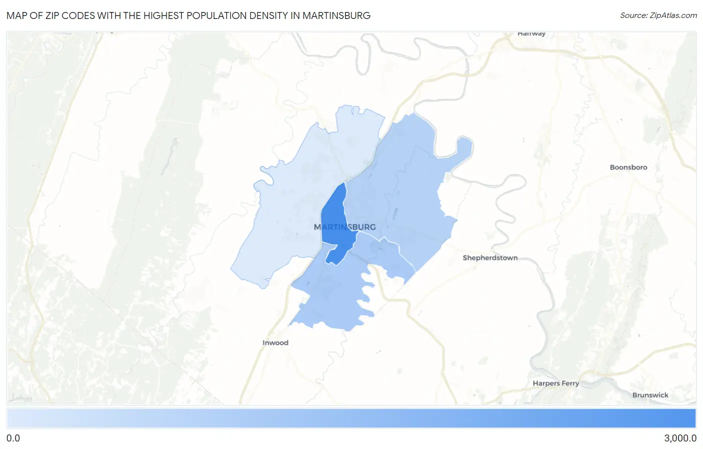Zip Codes with the Highest Population Density in Martinsburg Map