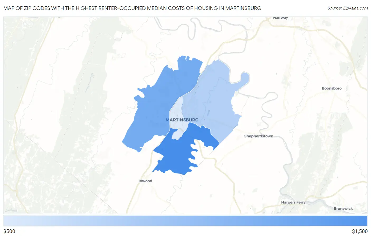 Zip Codes with the Highest Renter-Occupied Median Costs of Housing in Martinsburg Map