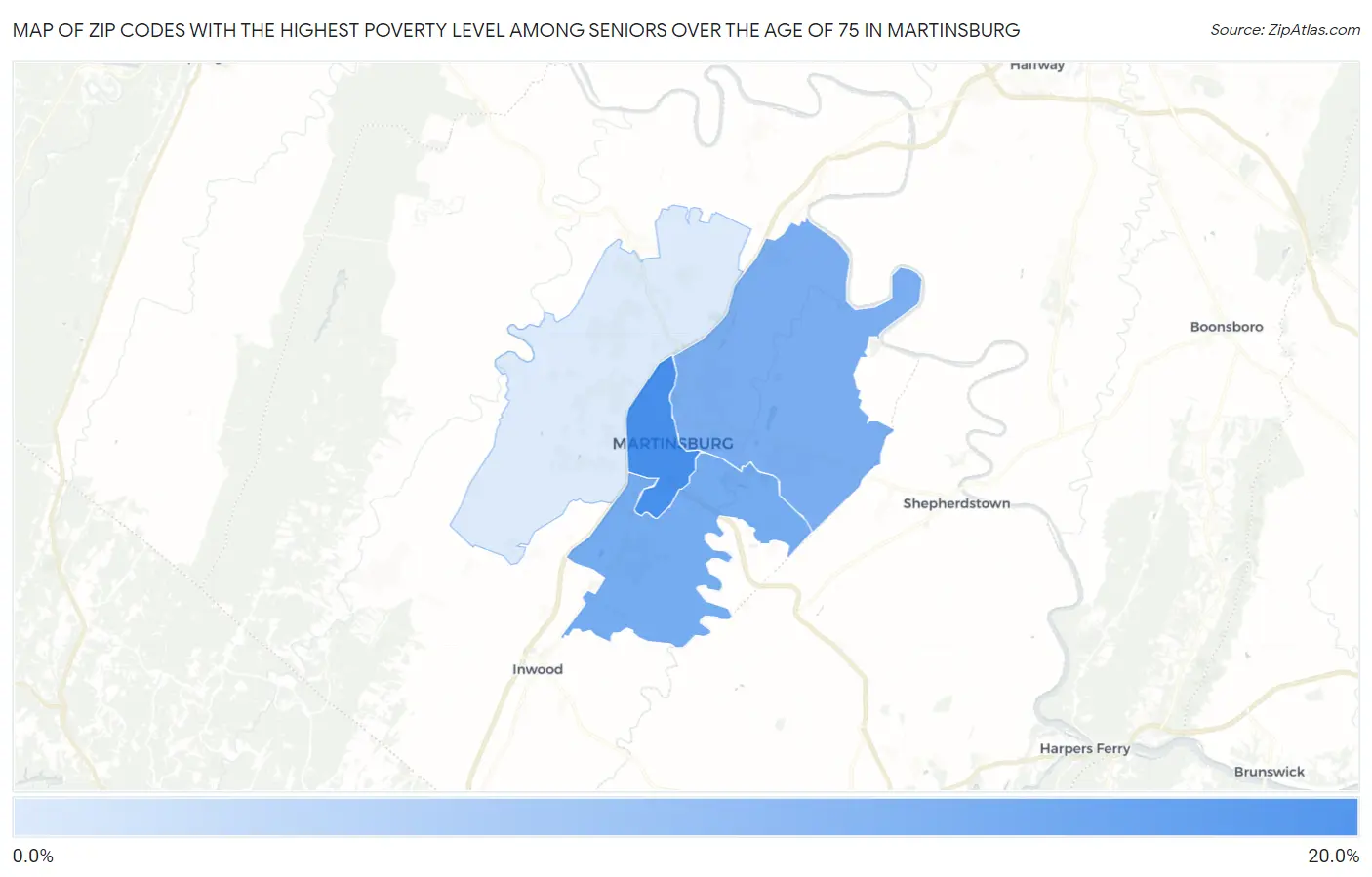 Zip Codes with the Highest Poverty Level Among Seniors Over the Age of 75 in Martinsburg Map