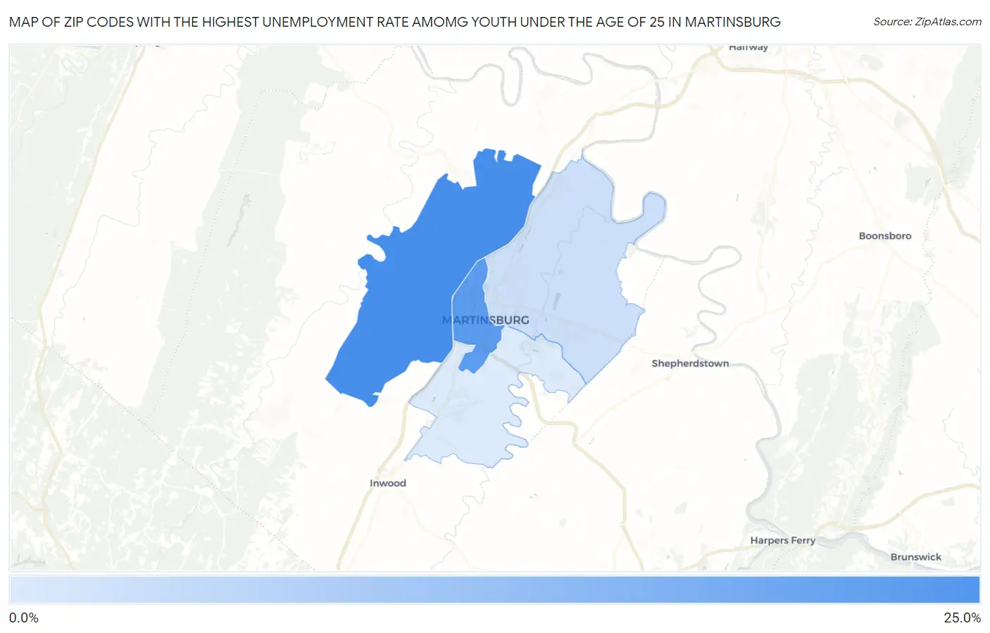Zip Codes with the Highest Unemployment Rate Amomg Youth Under the Age of 25 in Martinsburg Map