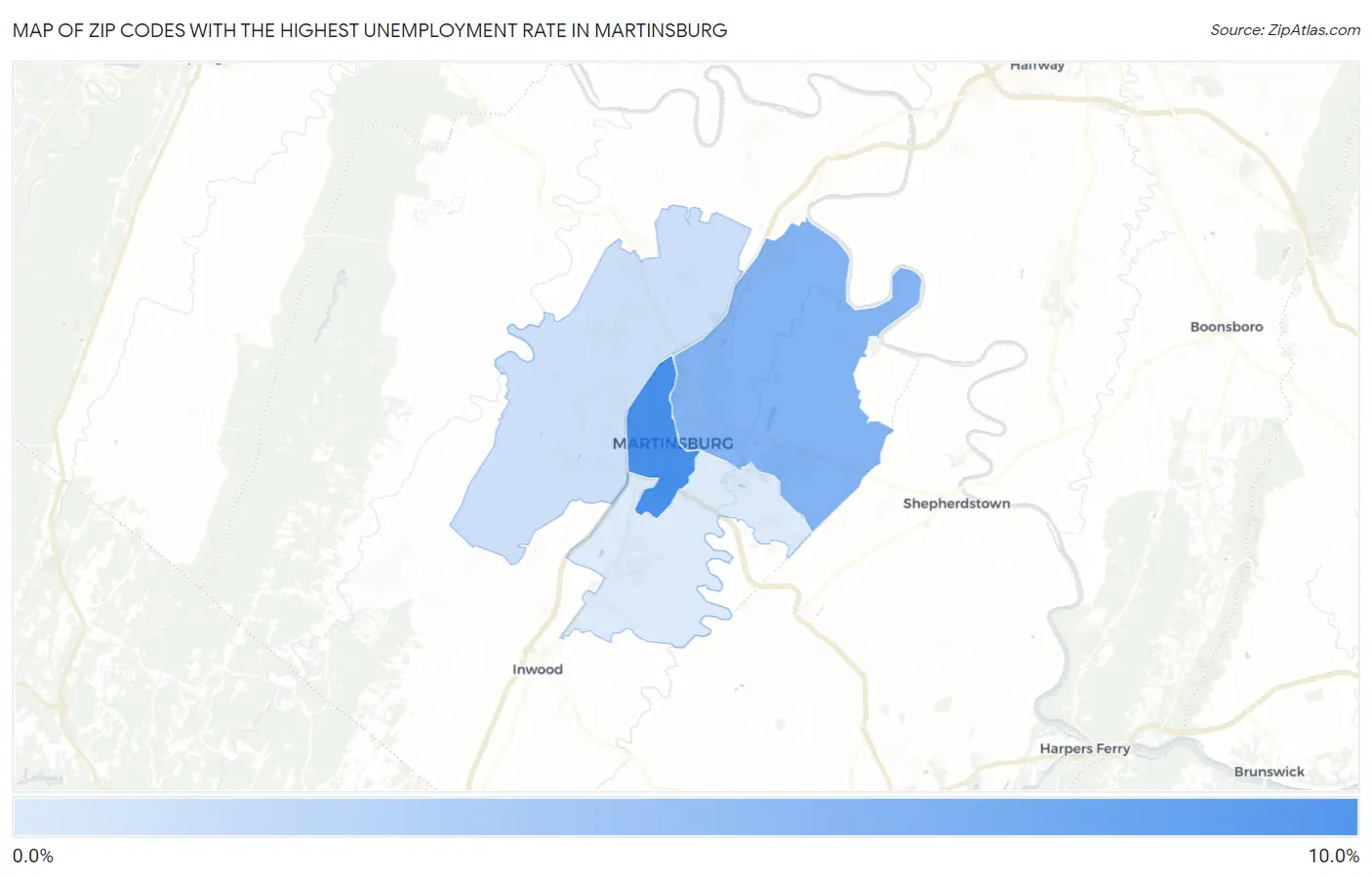 Zip Codes with the Highest Unemployment Rate in Martinsburg Map