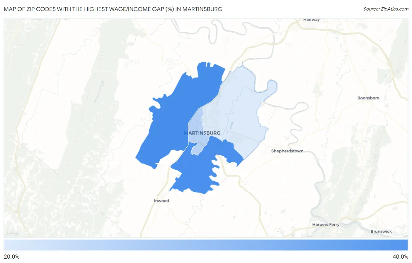 Zip Codes with the Highest Wage/Income Gap (%) in Martinsburg Map