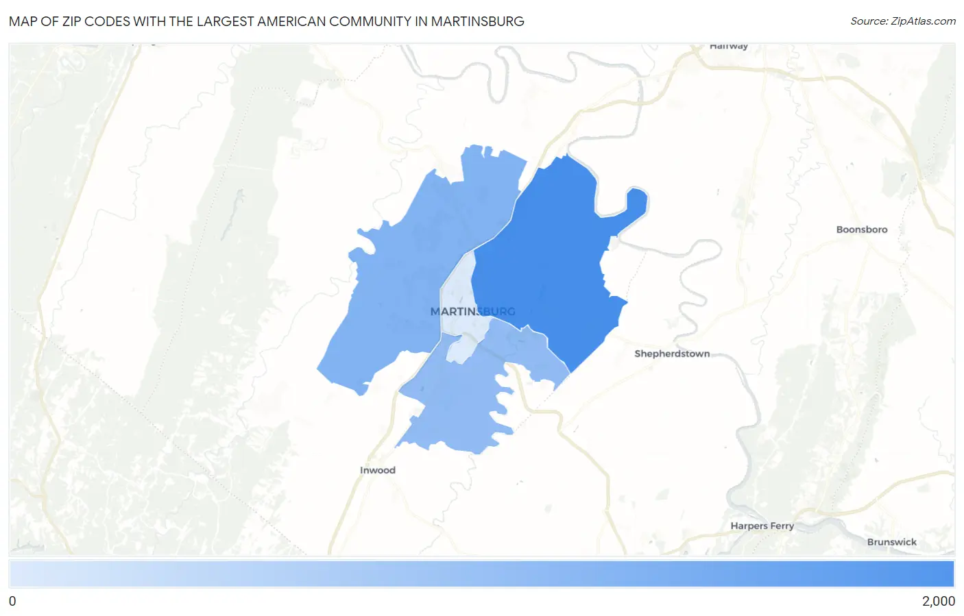 Zip Codes with the Largest American Community in Martinsburg Map