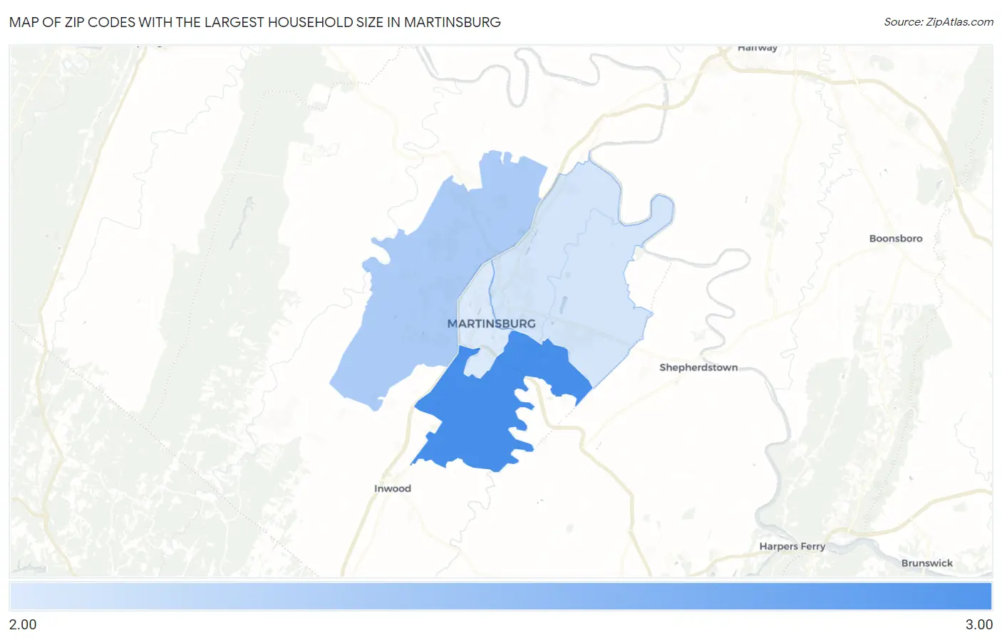 Zip Codes with the Largest Household Size in Martinsburg Map