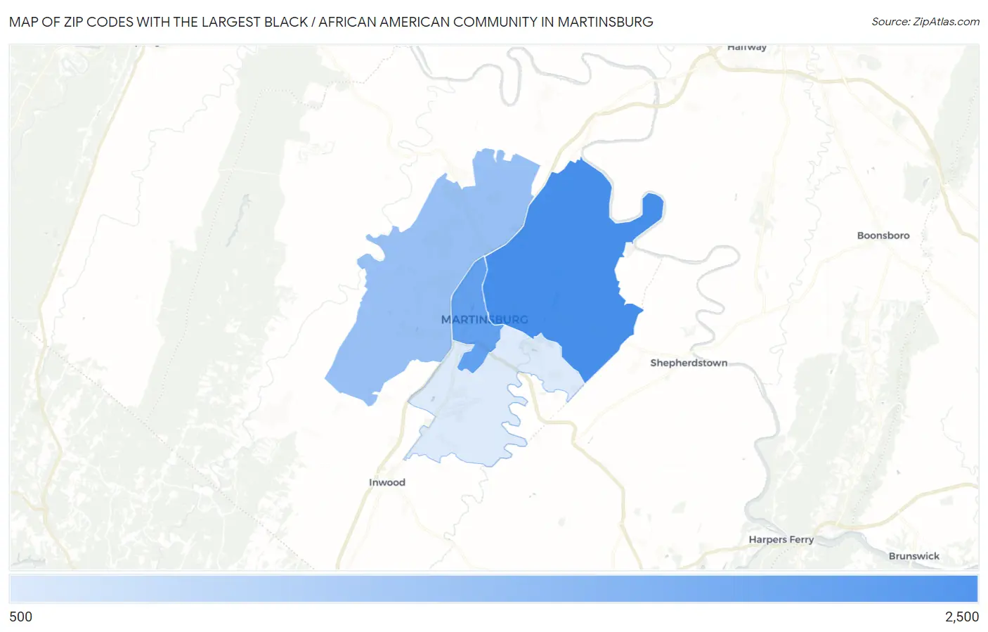 Zip Codes with the Largest Black / African American Community in Martinsburg Map