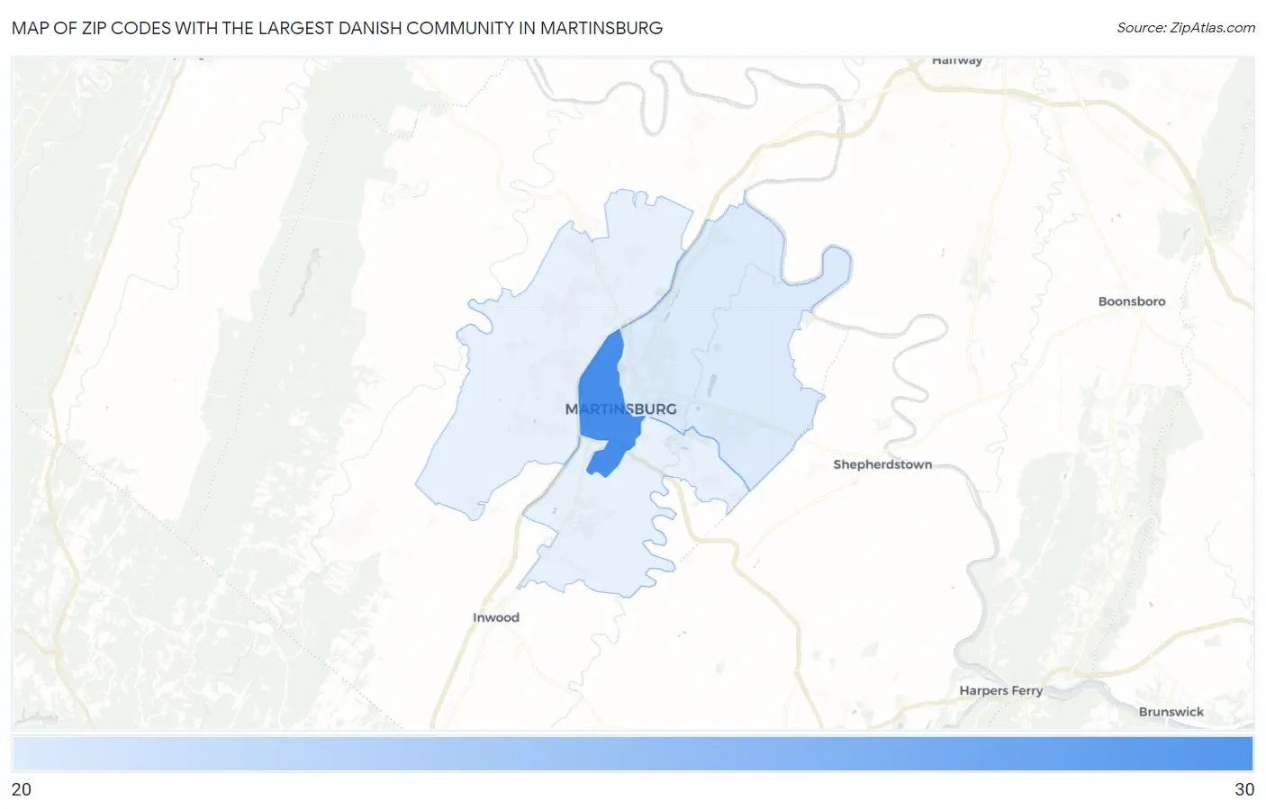 Zip Codes with the Largest Danish Community in Martinsburg Map