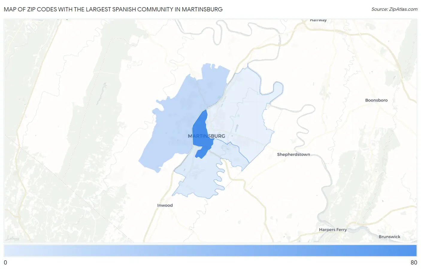 Zip Codes with the Largest Spanish Community in Martinsburg Map