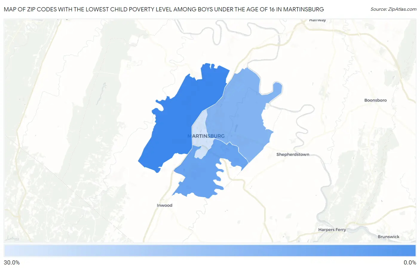 Zip Codes with the Lowest Child Poverty Level Among Boys Under the Age of 16 in Martinsburg Map