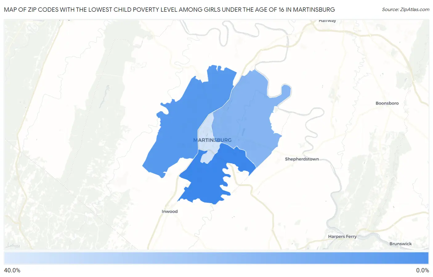 Zip Codes with the Lowest Child Poverty Level Among Girls Under the Age of 16 in Martinsburg Map