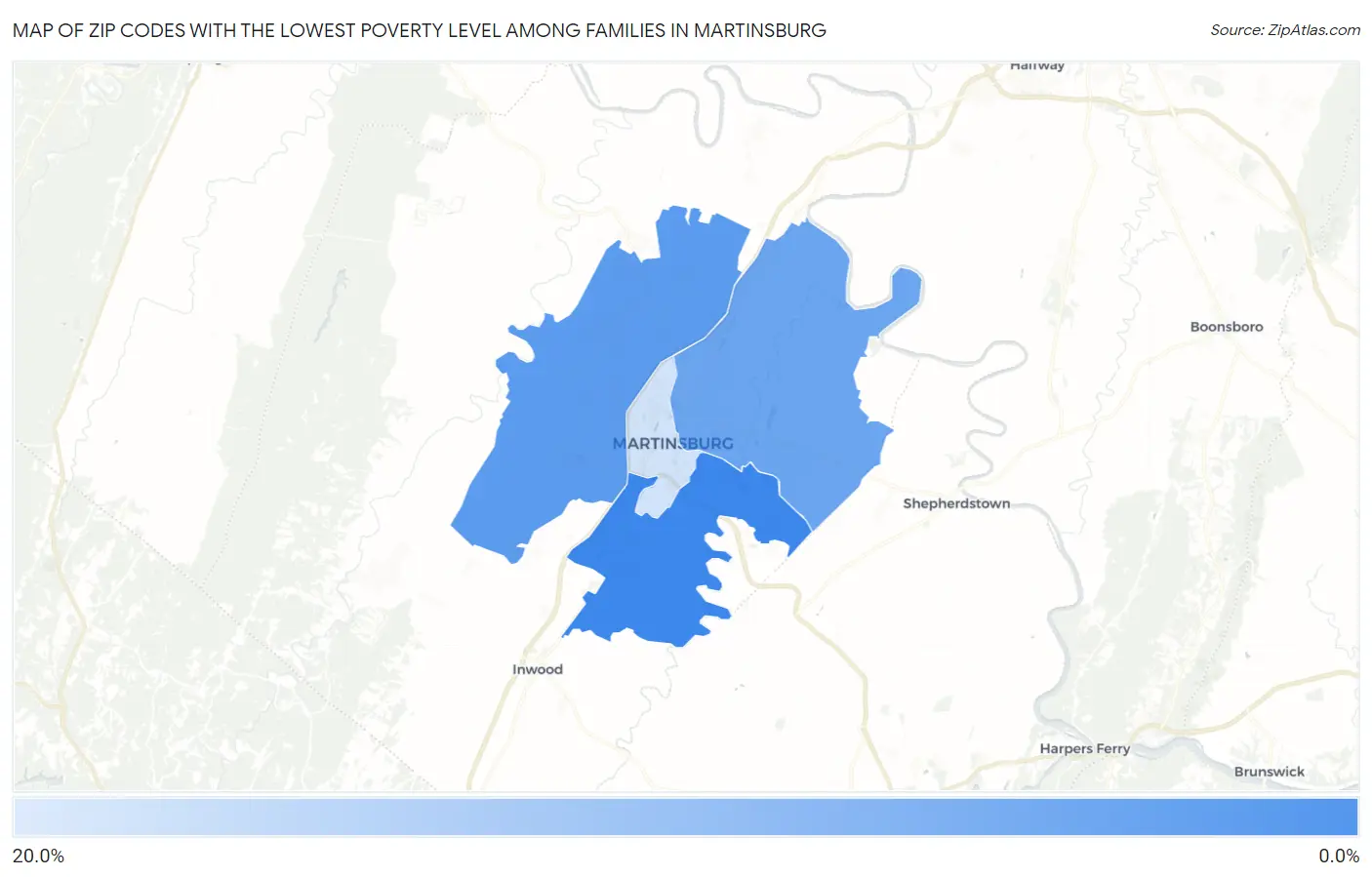 Zip Codes with the Lowest Poverty Level Among Families in Martinsburg Map