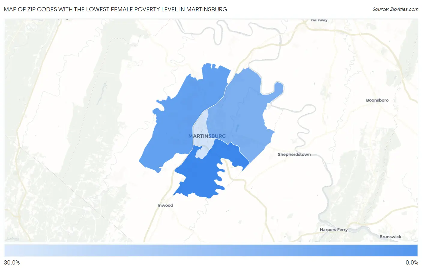 Zip Codes with the Lowest Female Poverty Level in Martinsburg Map