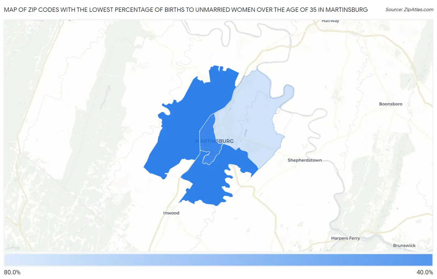 Zip Codes with the Lowest Percentage of Births to Unmarried Women over the Age of 35 in Martinsburg Map