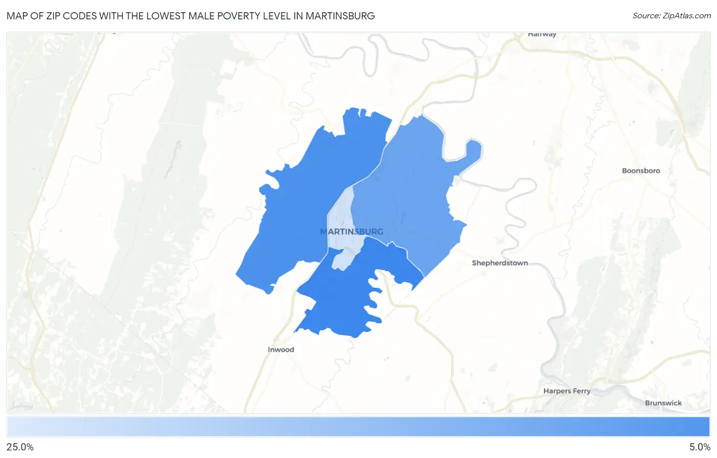 Zip Codes with the Lowest Male Poverty Level in Martinsburg Map