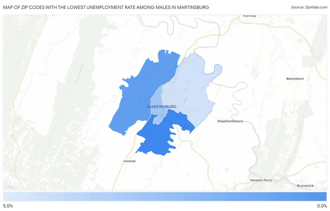 Zip Codes with the Lowest Unemployment Rate Among Males in Martinsburg Map