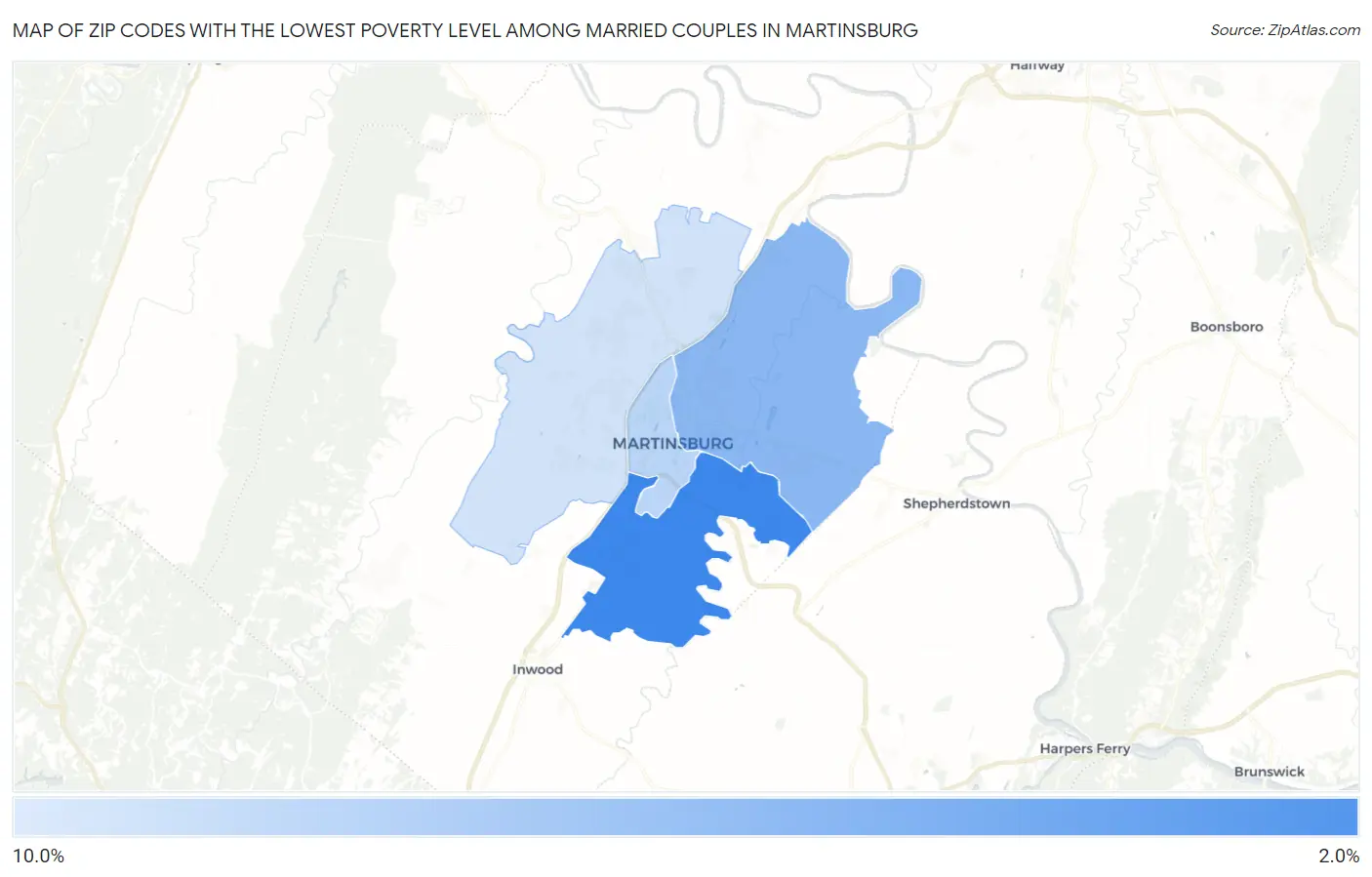 Zip Codes with the Lowest Poverty Level Among Married Couples in Martinsburg Map
