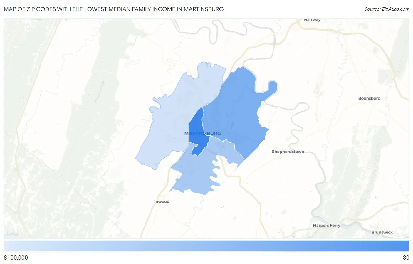 Zip Codes with the Lowest Median Family Income in Martinsburg Map