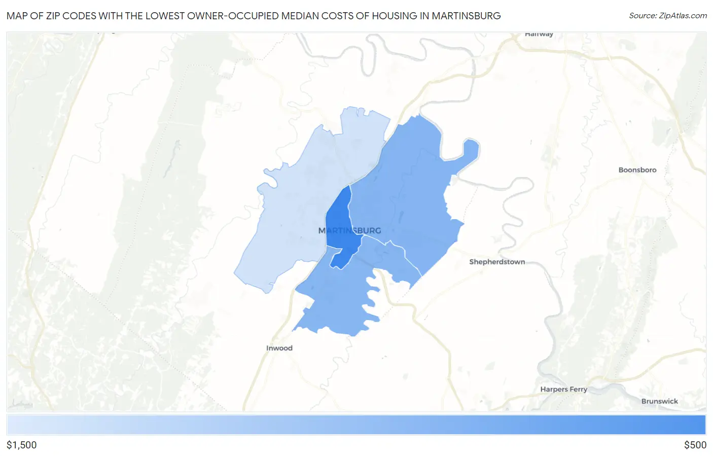 Zip Codes with the Lowest Owner-Occupied Median Costs of Housing in Martinsburg Map