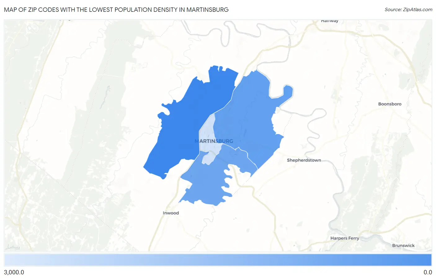 Zip Codes with the Lowest Population Density in Martinsburg Map