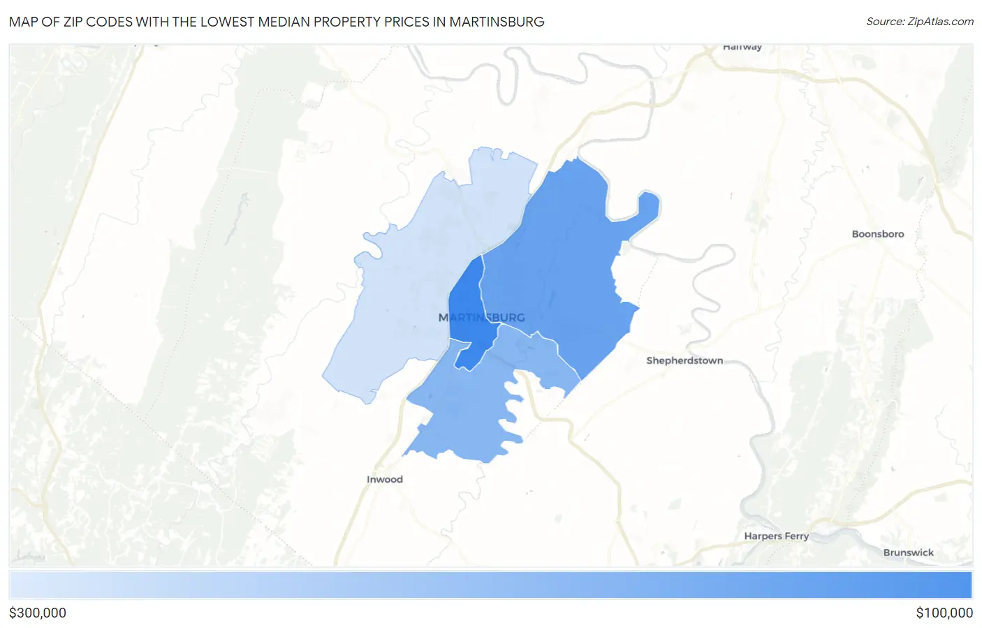 Zip Codes with the Lowest Median Property Prices in Martinsburg Map