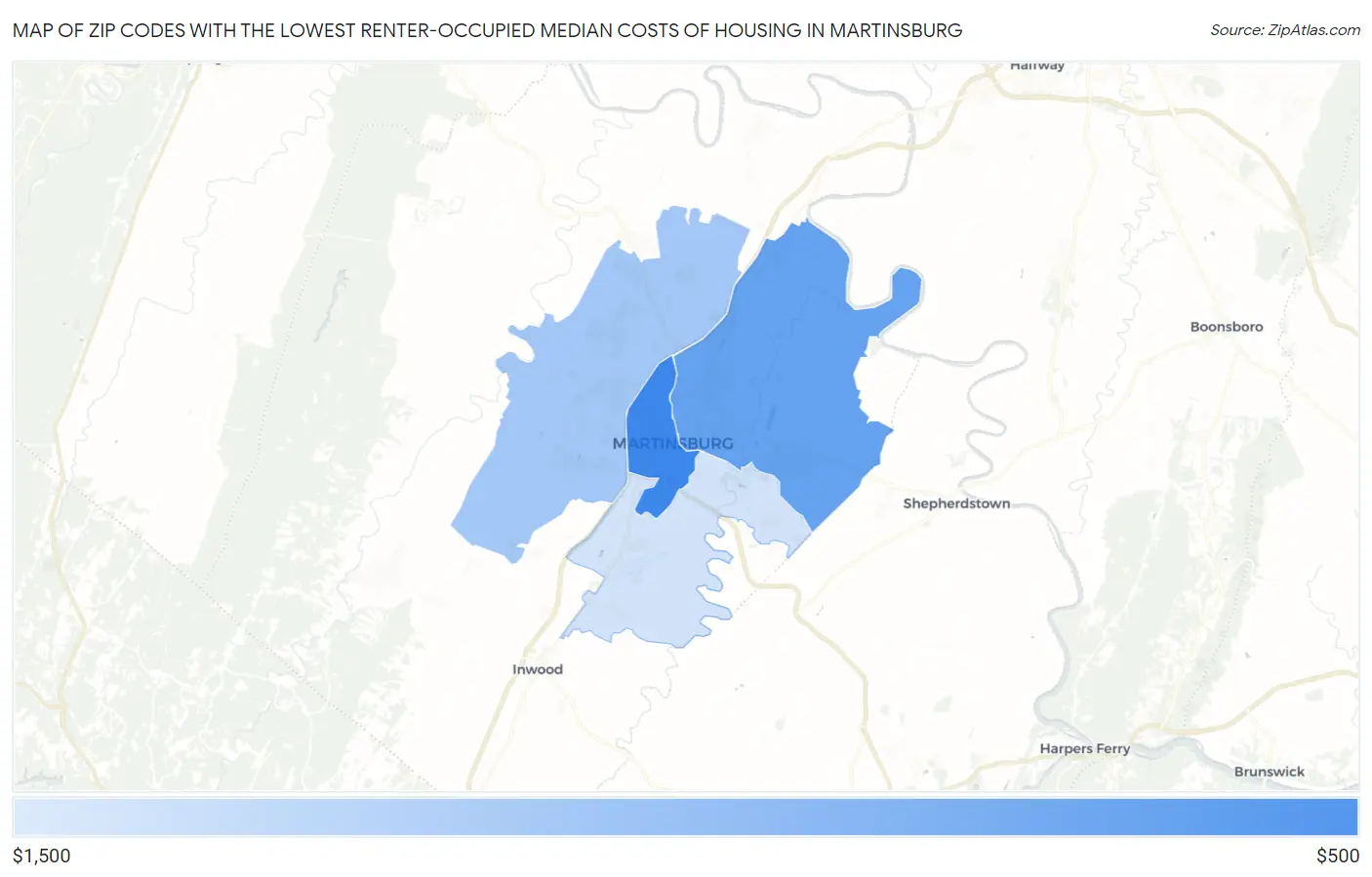 Zip Codes with the Lowest Renter-Occupied Median Costs of Housing in Martinsburg Map