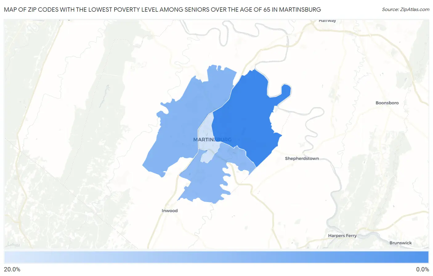 Zip Codes with the Lowest Poverty Level Among Seniors Over the Age of 65 in Martinsburg Map