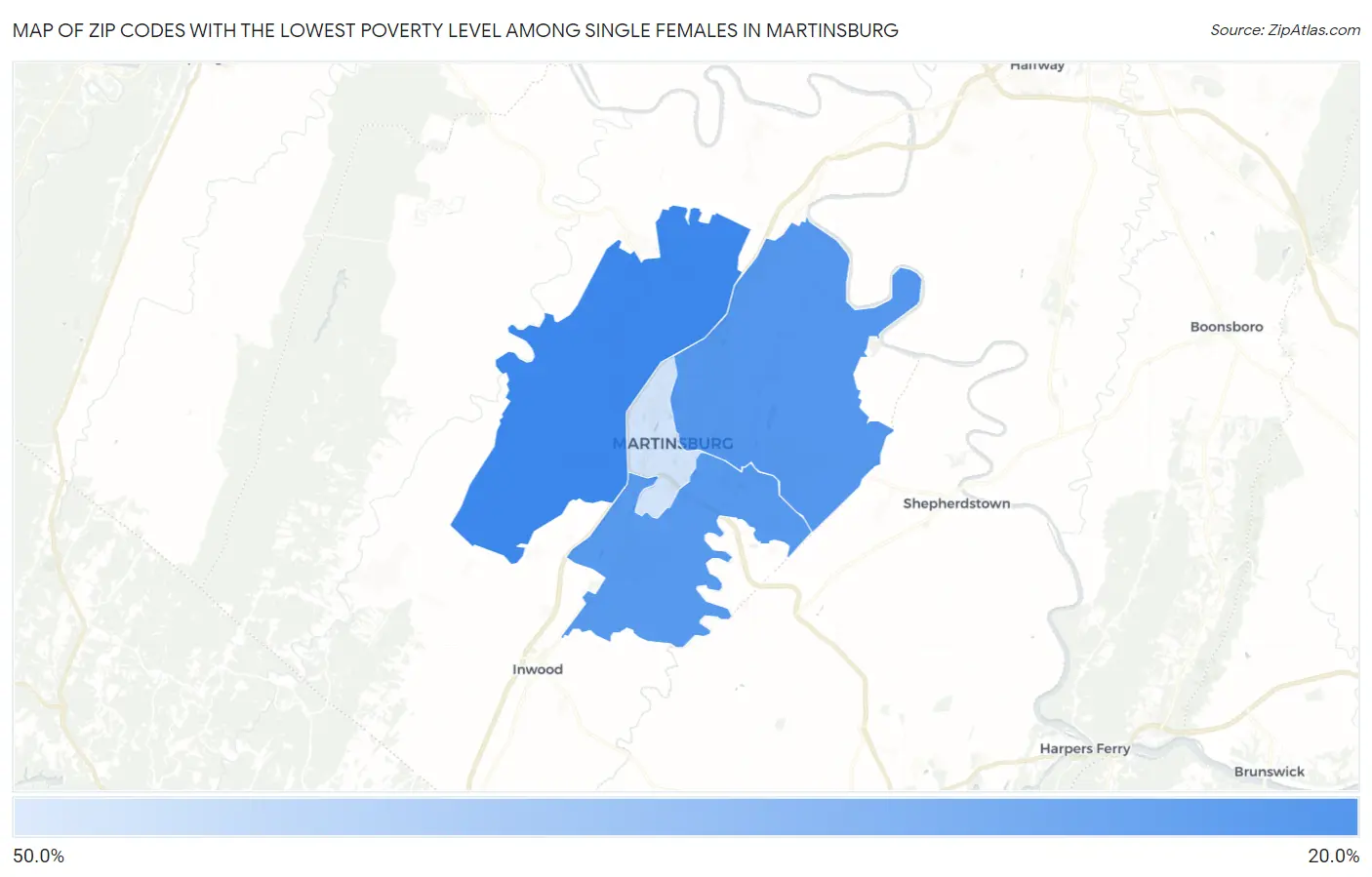 Zip Codes with the Lowest Poverty Level Among Single Females in Martinsburg Map