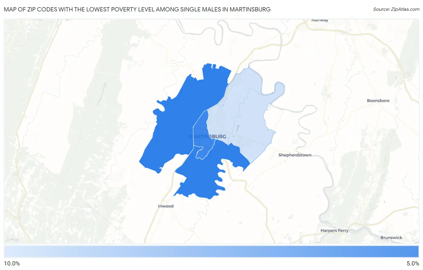 Zip Codes with the Lowest Poverty Level Among Single Males in Martinsburg Map