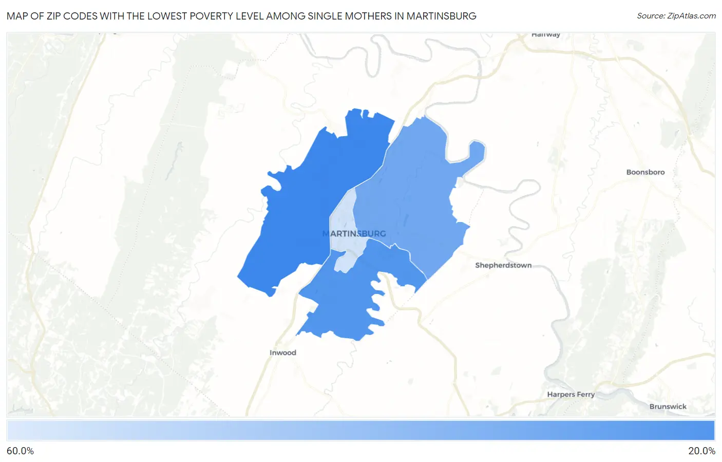 Zip Codes with the Lowest Poverty Level Among Single Mothers in Martinsburg Map