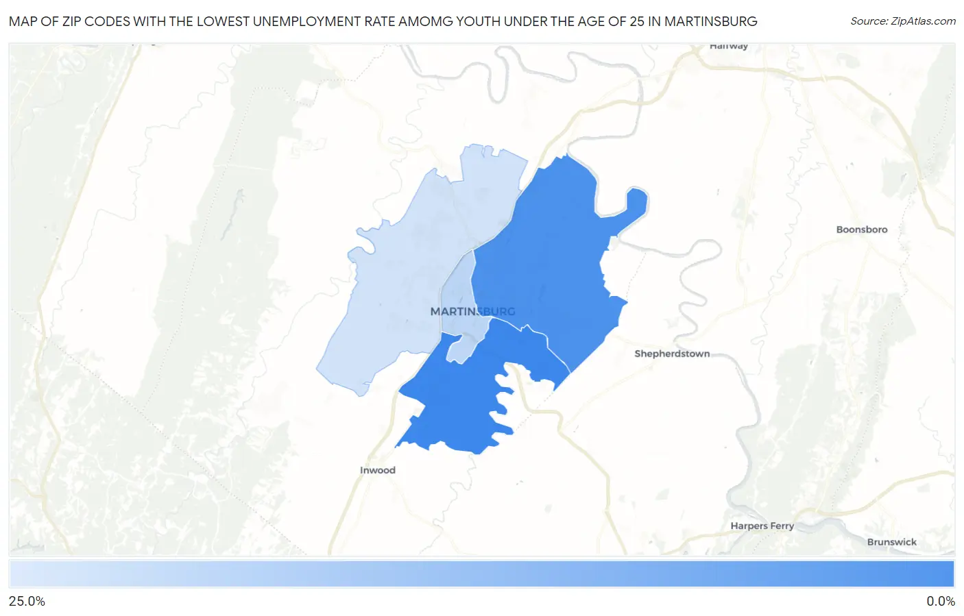 Zip Codes with the Lowest Unemployment Rate Amomg Youth Under the Age of 25 in Martinsburg Map