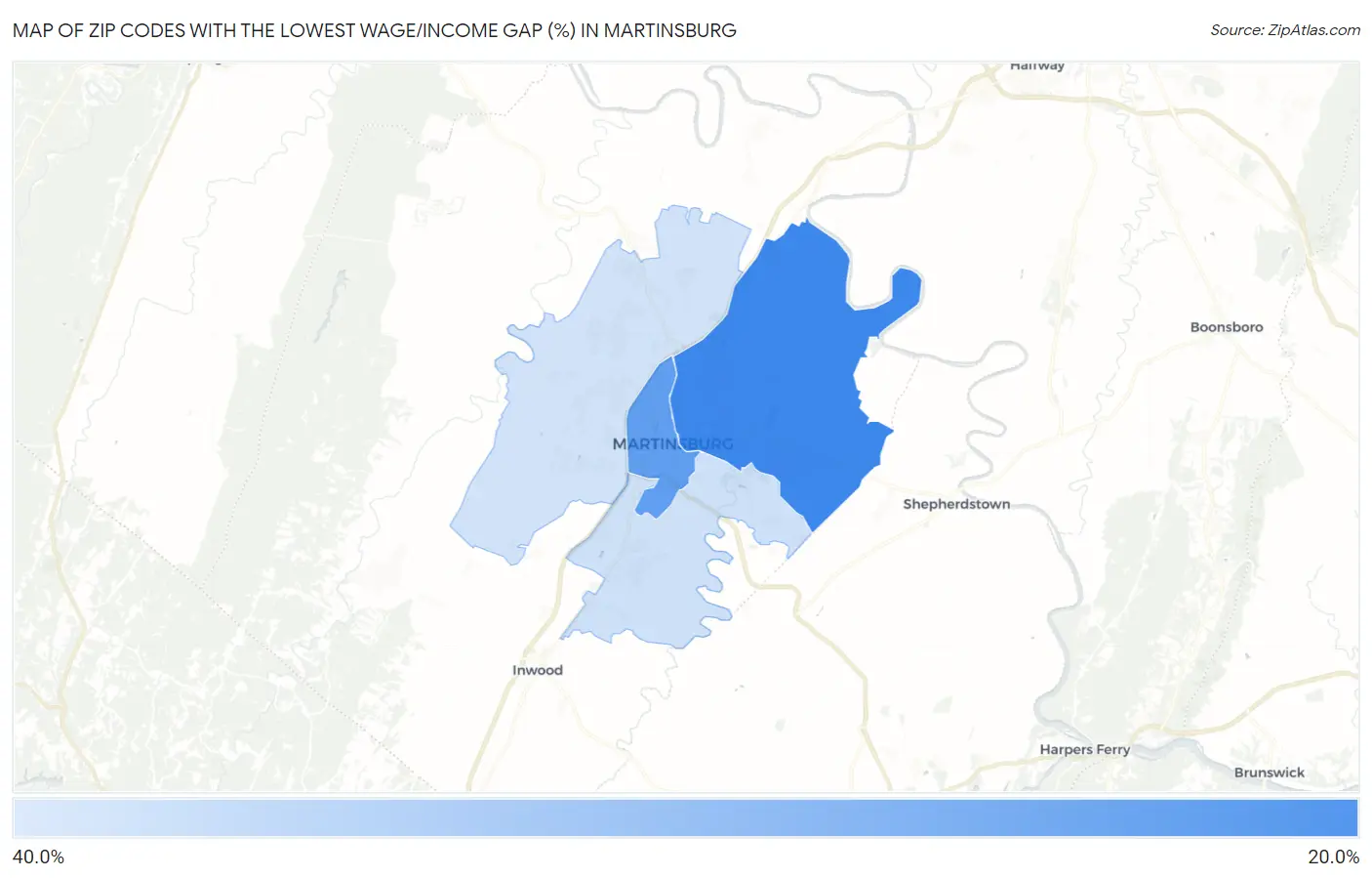Zip Codes with the Lowest Wage/Income Gap (%) in Martinsburg Map